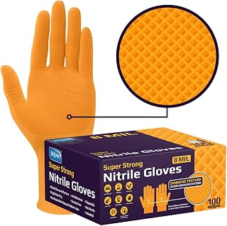 Inspire Heavy Duty 8 Mil Orange Nitrile Gloves with Diamond Textured Grip - Puncture-Resistant Mechanic & Cleaning Gloves