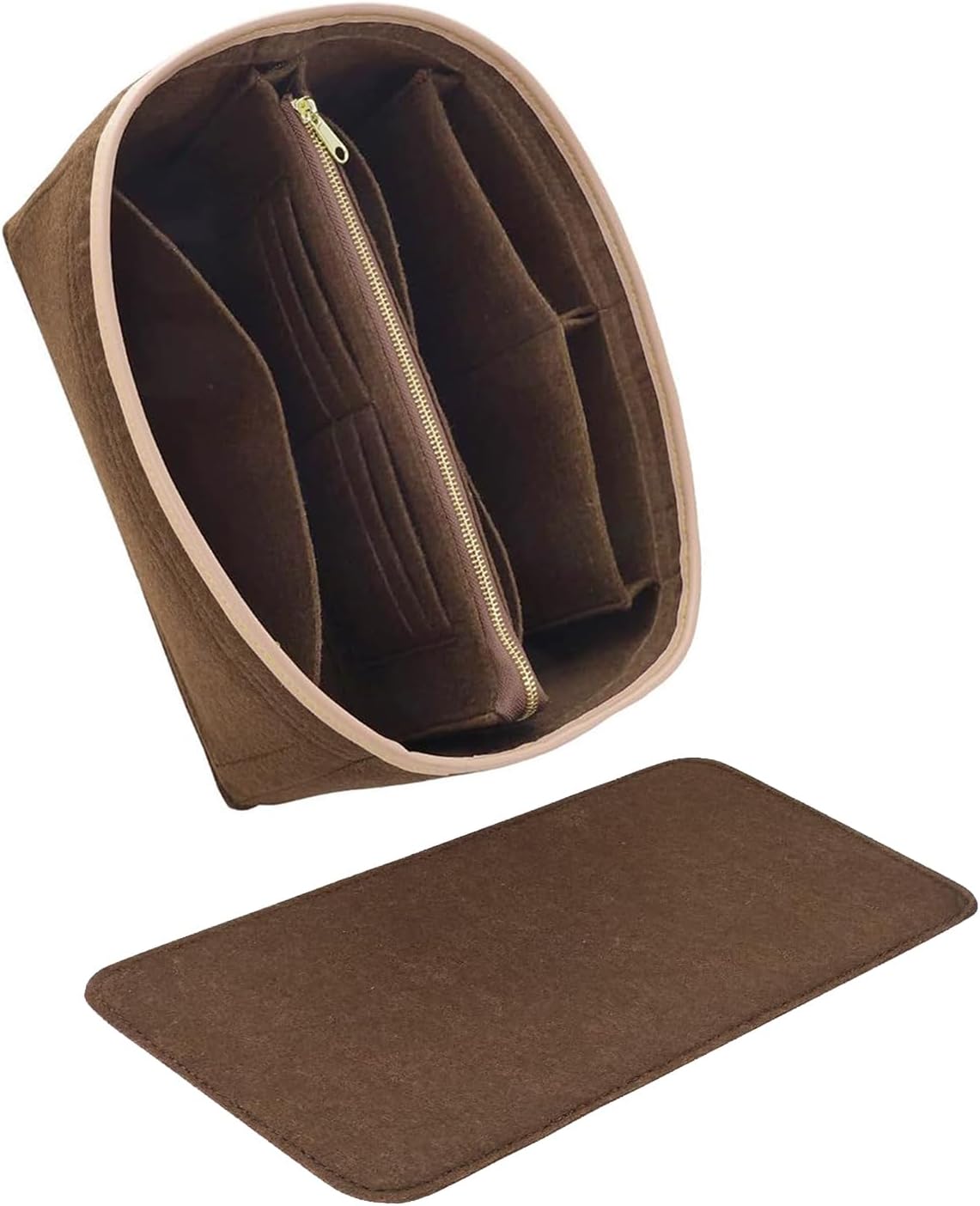 LOUKAYCCI Purse Organizer & Base Shaper fit Speedy 30 & Neverfull MM, Felt Bag Organizer Insert for Handbags with Metal Zipper [Bag in Bag] (Large, Brown)