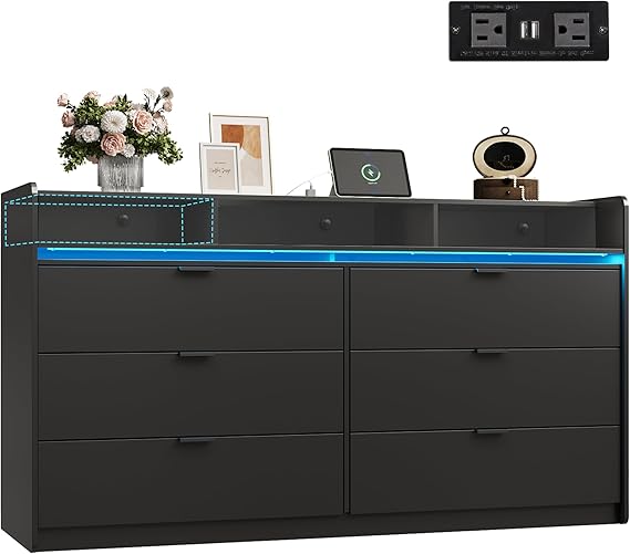 WLIVE 9 Drawer Led Dresser for Bedroom, 58.35'' Black Wood Dresser Storage Organizer with Power Outlets for 65'' TV, Dressers with Open Shelves, Chest of Drawers for Closet, Living Room