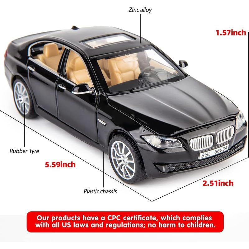 Image of Kids Model 1:32 BM 535I Die Cast Metal Car Pull Back Action Opening Doors with Realistic Engine Sound Lights Toy Car Gift for Boys - Black