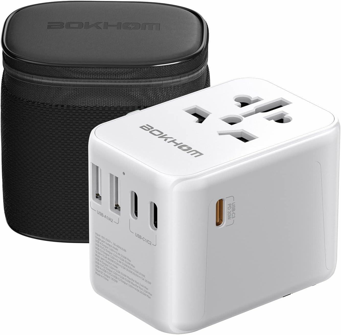 Worldwide Travel Adapter With USB-C PD 30W Fast Charging, Universal Socket, Dual 10A Fuses, Surge Protection - All-in-One International Adapter for EU UK US AU Plugs