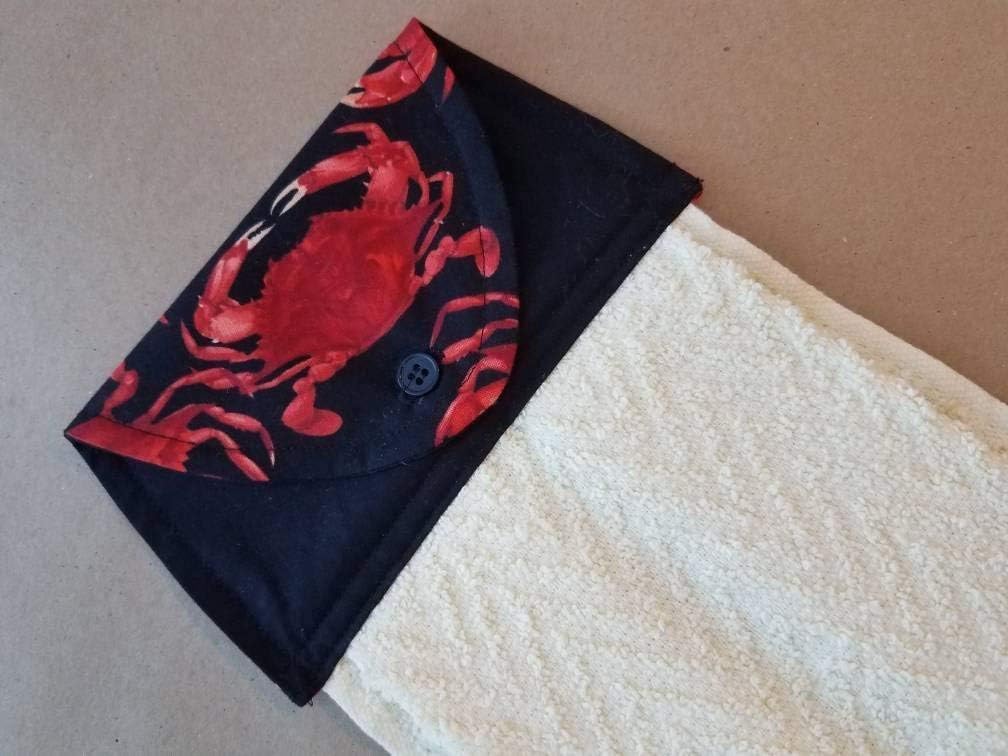 Red Crab Hanging Kitchen Towel, Button Top Dish Towel, Nautical Kitchen Decor, Maryland Crab, Shore House, Coastal Living, Housewarming Gift, Hostess Gift, Nautical Home Decor, Beige