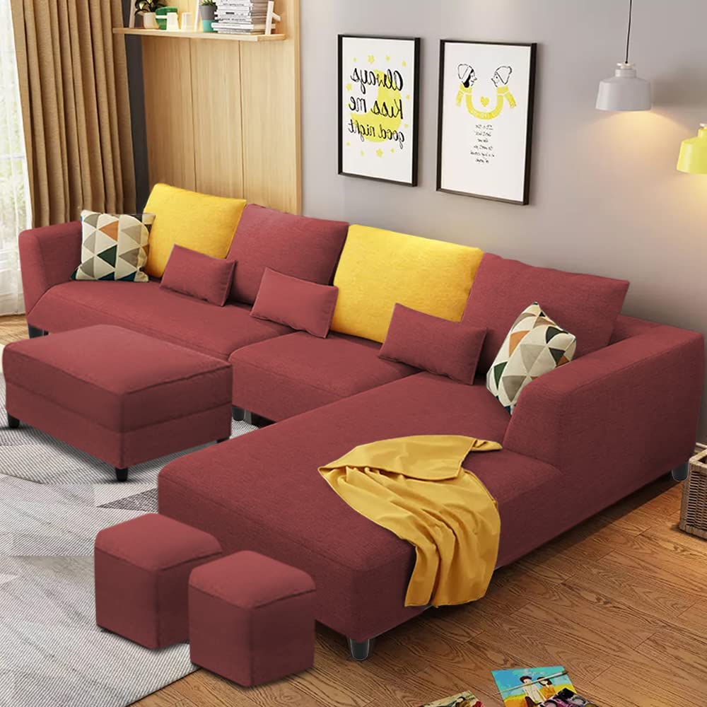 Casaliving Minta RHS 8 Seater L Shape Sofa Set with Ottoman & 2 Puffy for Living Room (Maroon Fabric) Premium Fabric Sofa Set
