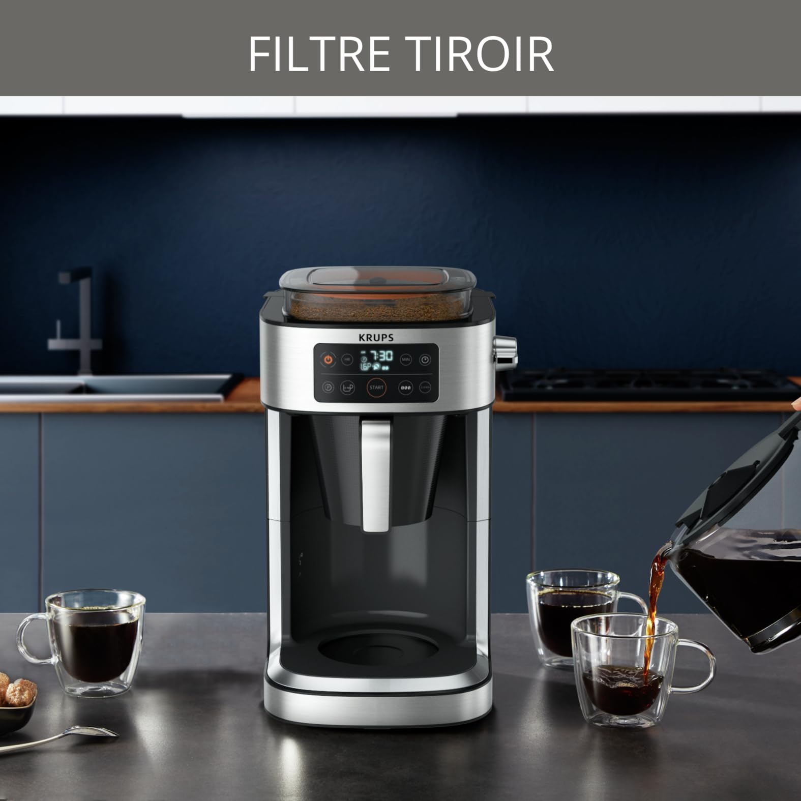 Krups Cafetière filtre Aroma Partner, Bac à café hermétique intégré, Dosages automatiques et précis grâce au système de levier intelligent, 10 à 15 tasses, Capacité 1,25 L KM760D10