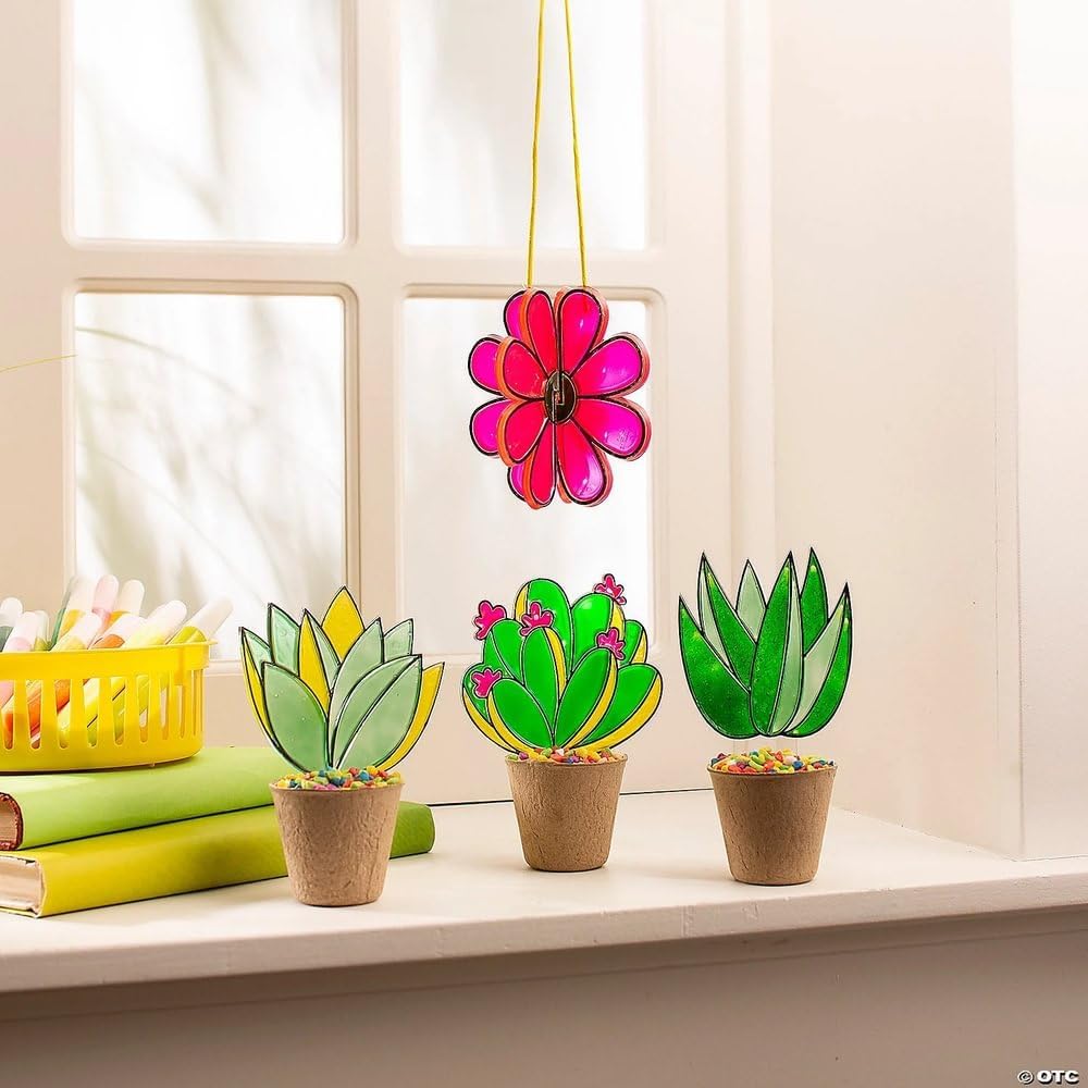 Fun Express Suncatcher Succulent Flowerpot Craft Kit – DIY Kit for 6 Colorful Plant Pots – Includes Paint and Brushes Creative Craft for Kids – Ideal for Parties and Gifts – Multi-Color – 6 Pieces