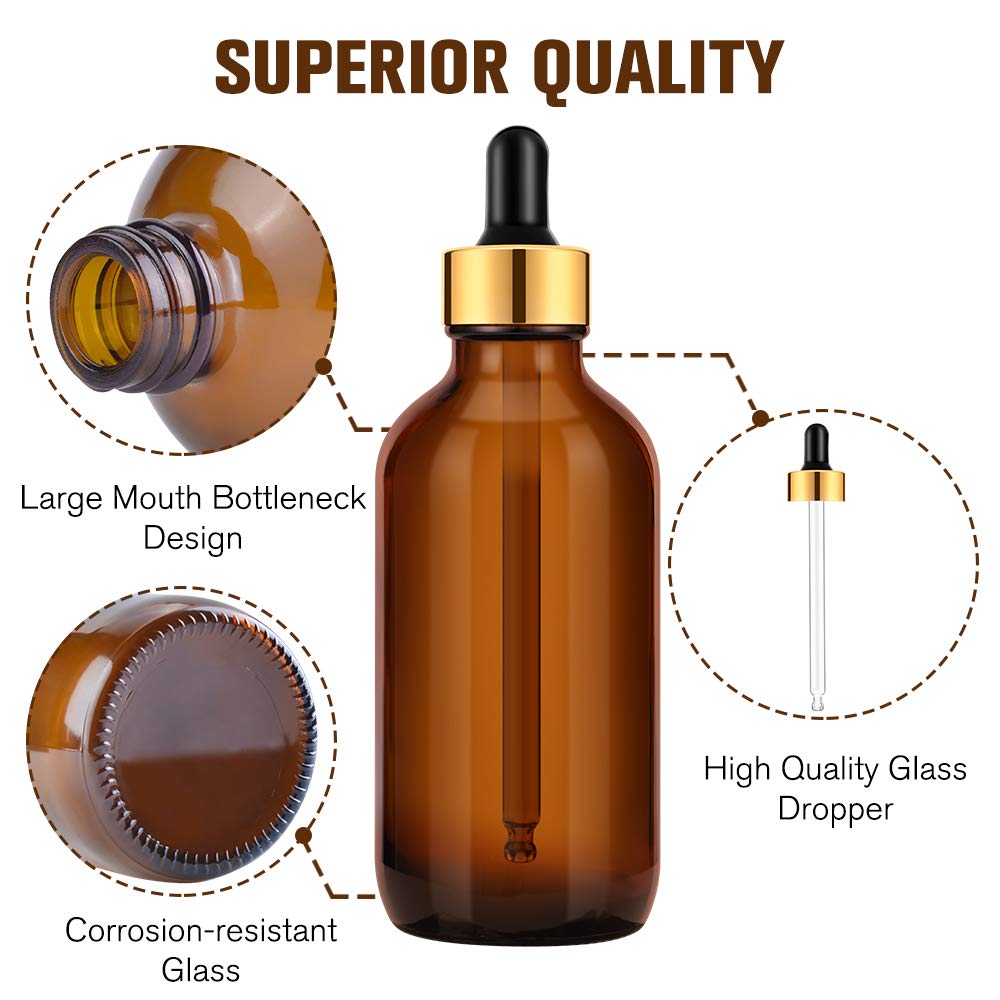PrettyCare Eye Dropper Bottles 4 oz 4 Pack (Glass Bottles 120ml with Golden Caps, 12 Labels, Funnel & Measured Pipettes) Empty Tincture Bottles for Essential Oils (Amber): Industrial & Scientific