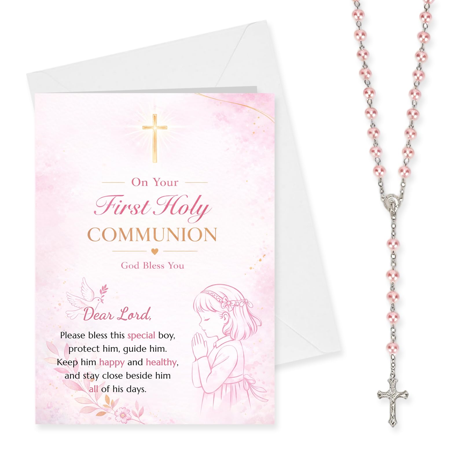 First Holy Communion Gifts For Girls Set, with Pearl Necklace, Blessing Card, Envelope and Cotton Bag, Holy Communion Gifts For Girls, Catholic Keepsake for Daughter Granddaughter Goddaughter