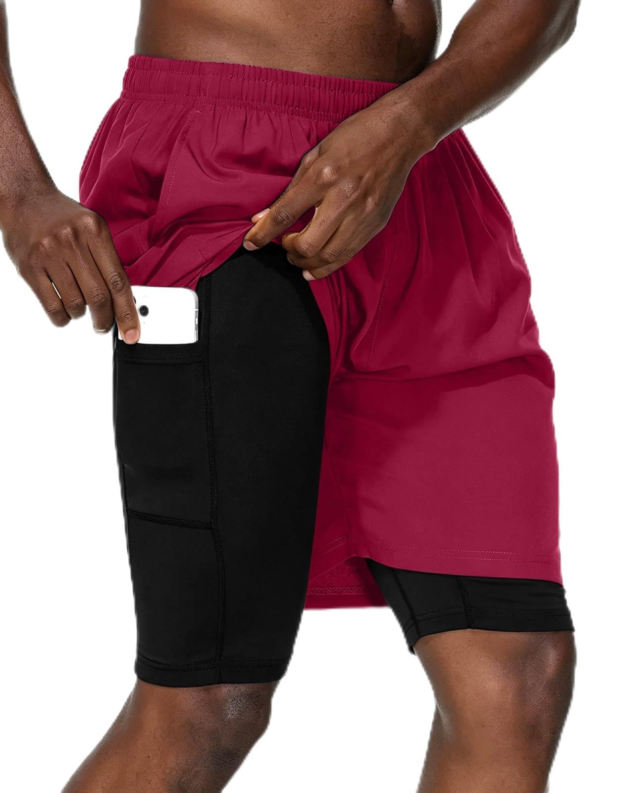 HMIYA Herren 2 in 1 Shorts Fitness Sporthose Kurz Jogginghose Schnelltrocknende Laufhose mit Kompressionsshorts und Taschen Reißverschlussfach
