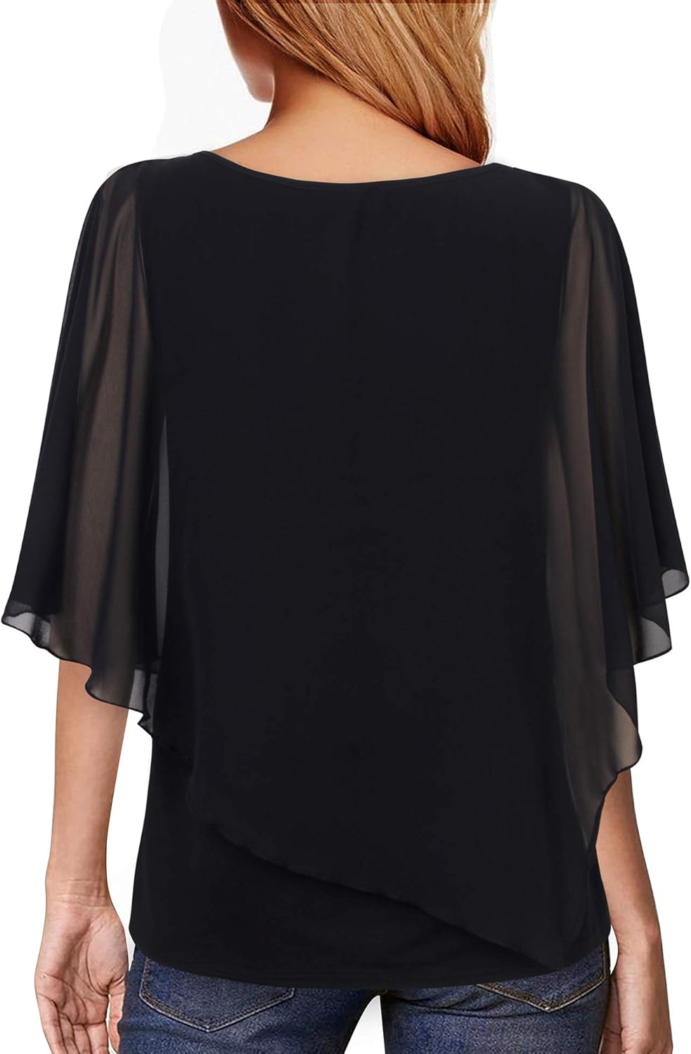 Lotusmile Women's Lightweight Flowy Shirt Double-Layered Printed Chiffon Poncho Blouse Top - Image 2