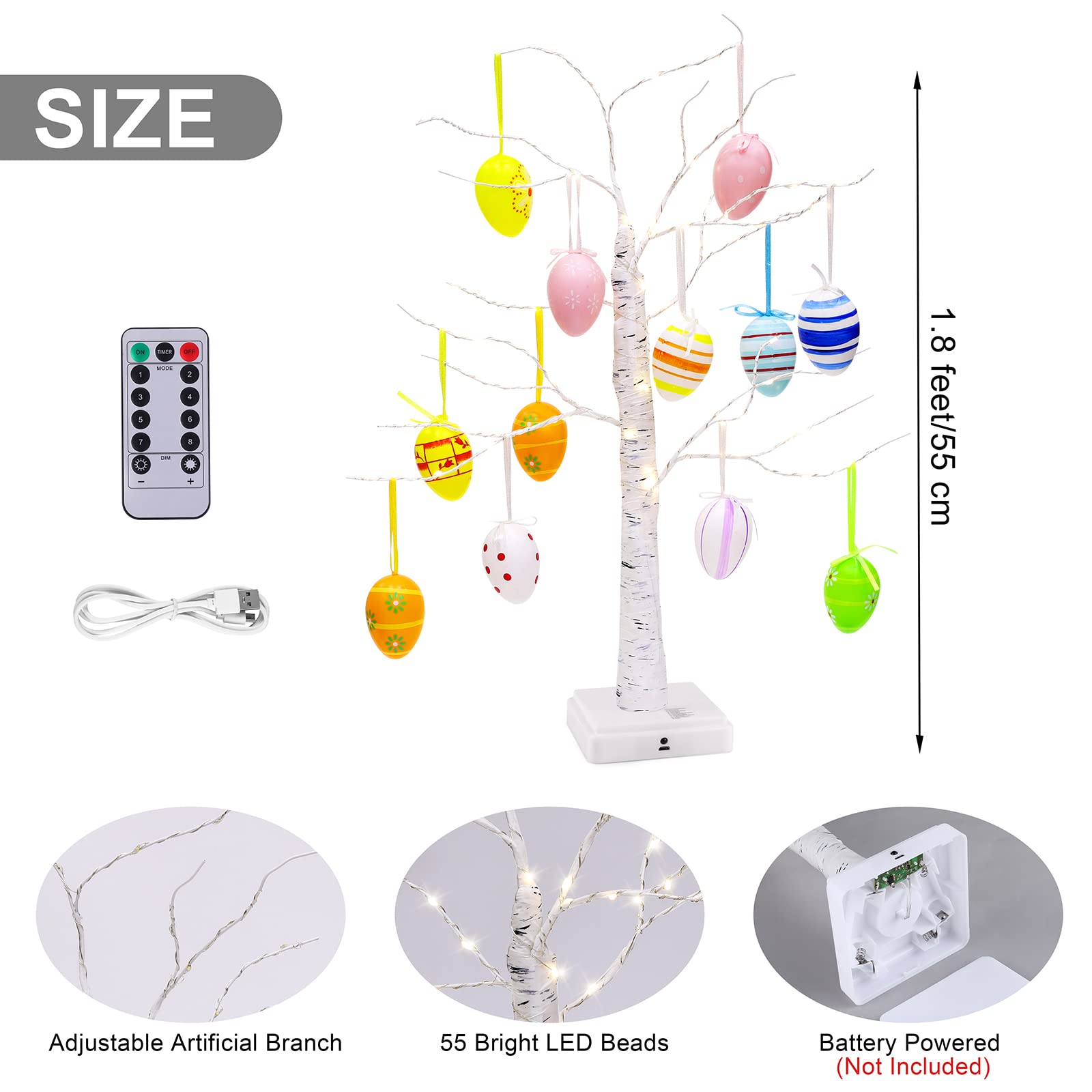 MCEAST Easter Decoration 1.8 Feet 55 Light Birch Tree Lighted Battery Operated Timer Tabletop Decorations Include 16 Pieces Random Style Easter Egg Ornament for Spring Party Home Decor