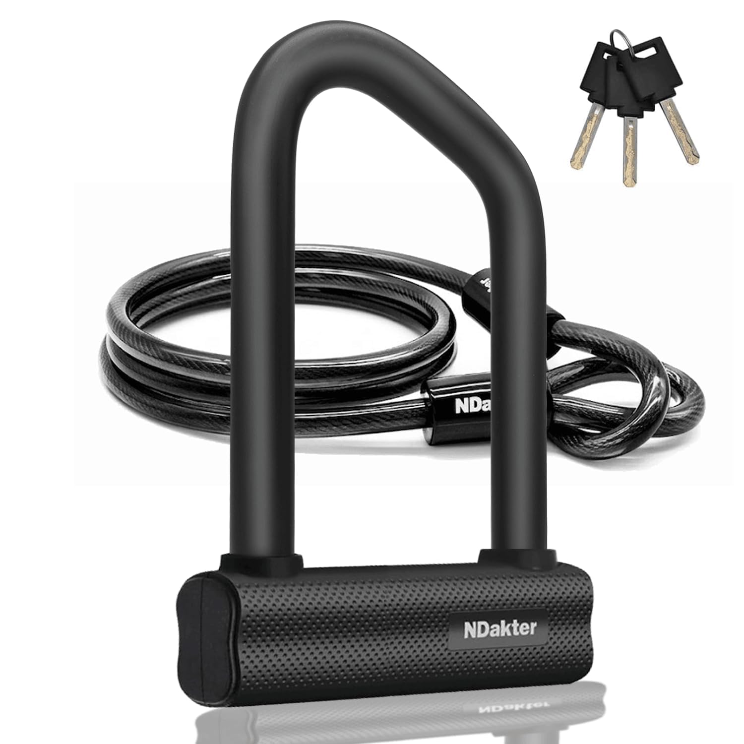 NDakter Bike Lock, 18mm Heavy Duty Bike D Lock with 6FT/1.8M Steel Security Cable with 3 Keys, Anti Theft Bicycle Lock for Electric Escooter, E Bike, Road Bike Lock Sturdy