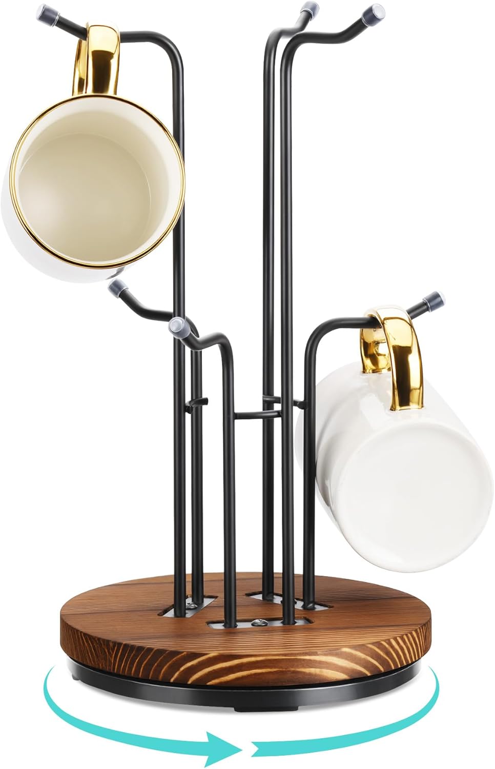 HULISEN 360° Rotating Mug Tree for Large Cups, Counter Coffee Mug Holder with 8 Hooks, Metal Coffee Cup Rack Stand for Countertop with Stable Wooden Base, Kitchen Counter Decor