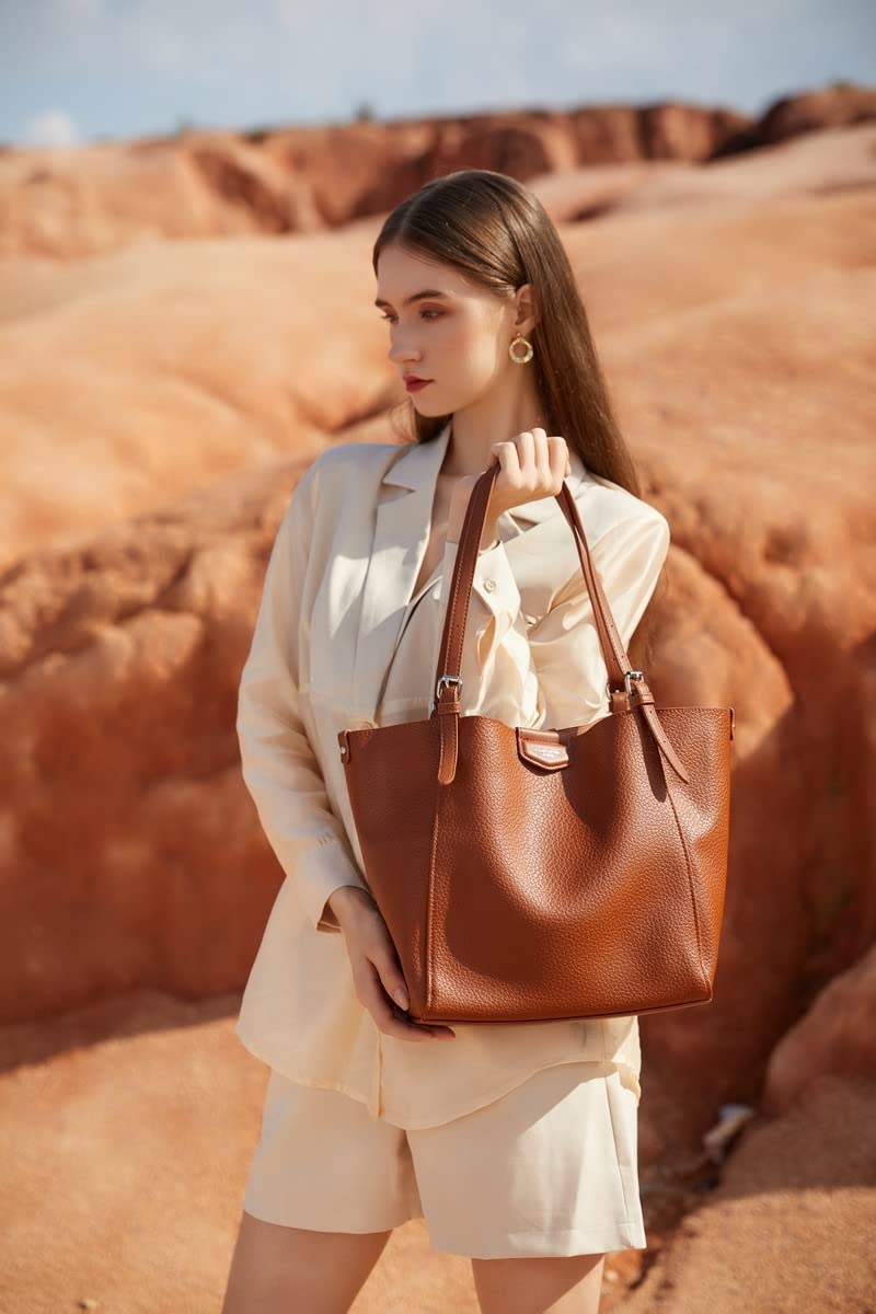 David Jones - Bolso de Hombro Mujer - Bolso de Mano Piel Sintética Suave - Tote Shopper Gran Capacidad A4 Cuero PU - Bolsos Compras Trabajo Asas Largas - 2 Piezas con Embrague - Marrón Topo