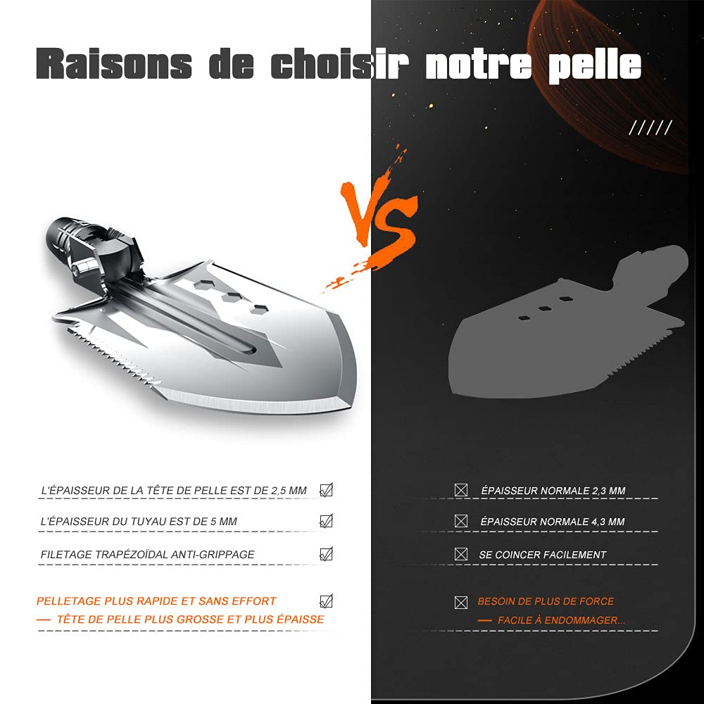 Pelle de Camping et de randonnée YANTOO, kit de Pelle Portable Pliable et détachable, Multifonctionnel pour l'extérieur, la pêche, l'urgence de la Voiture. (FR-Version)
