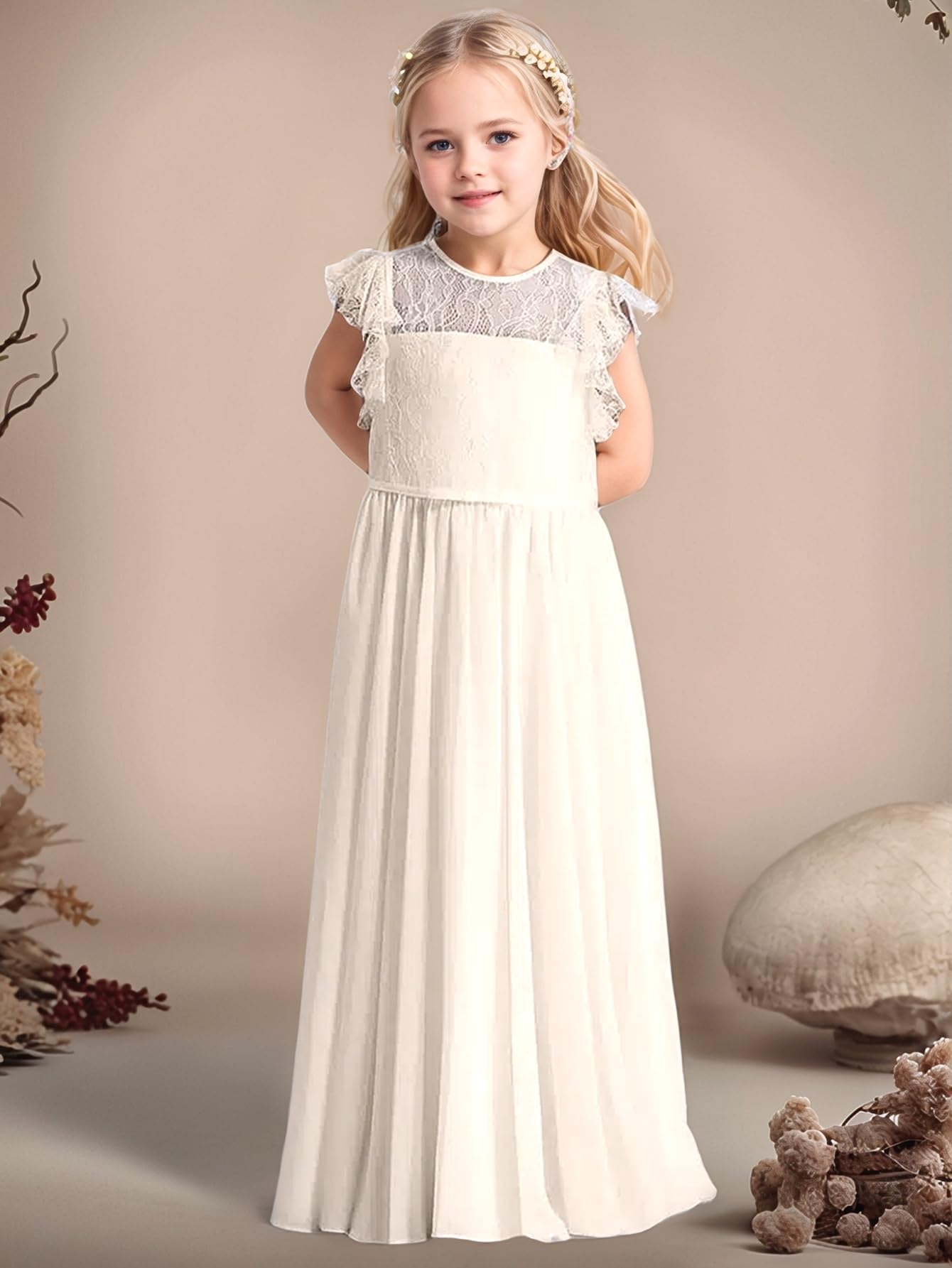 Boho Longue robe en dentelle pour enfants Robe en mousseline de soie avec ceinture et manches courtes papillonsChic Aligne Robes de communion Robes de demoiselle d'honneur Robes de demoiselle