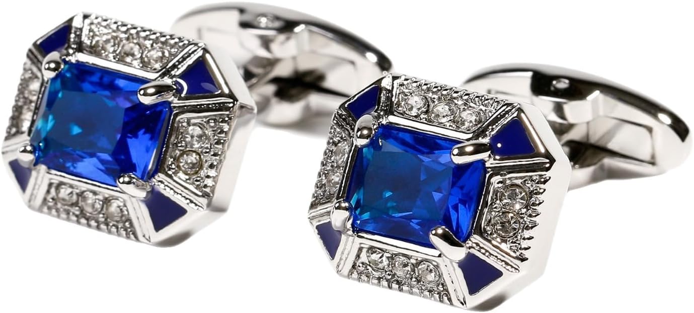 Men's cufflink set, Blue Copper Rectangular Crystal Cufflinks, with Gift box, as Accessories and Gifts.