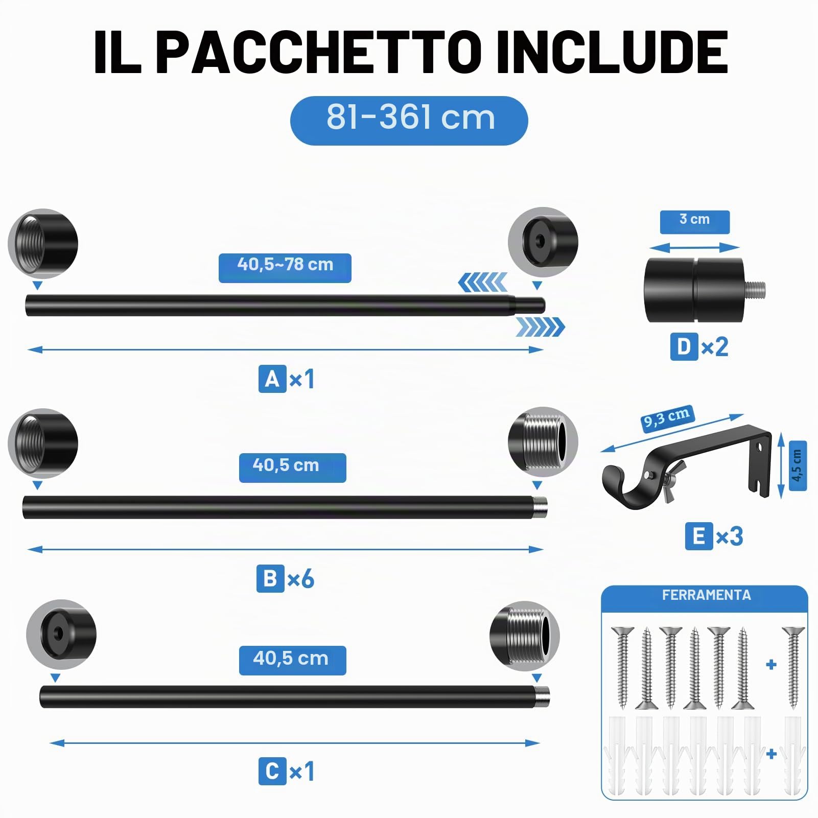 WELDUN Bastoni per tende per finestre, in metallo, estensibili, da 81 a 361 cm, resistenti per tende con occhielli, diametro di 20 mm, colore nero
