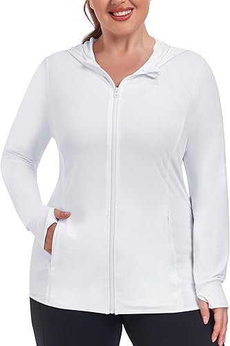 COOTRY Chaqueta de protección solar UPF 50+ para mujer, talla grande, ligera, de manga larga, con cremallera, sudadera con capucha para refrescar,