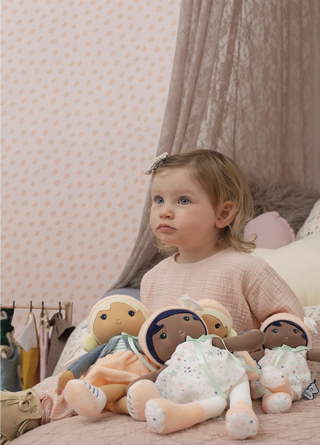 Kaloo Tendresse My First Fabric Doll Chloe K 9.75” Medium Soft Plush Figure in Peach and Striped Dress, Denim Jacket and Blonde Hair with Embroidered Face Machine Washable for Ages 0+, K963659