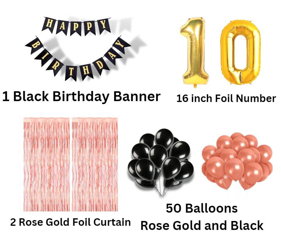 Image of 10th Birthday Decoration items for Girls with Black and Rose Gold Balloons, Black Happy Birthday Banner, Rose Gold Foil Curtain, Foil Balloon number 10