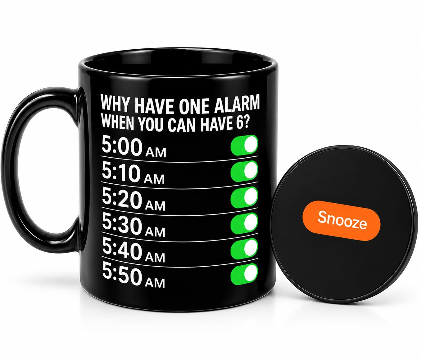 Barci's Essentials Funny Alarm Mug & Snooze Coaster Set – 325ml Black Ceramic Coffee Mug – Dishwasher Safe Funny Gift for Men, Women & Teenagers – Funny Novelty Gift for Him or Her