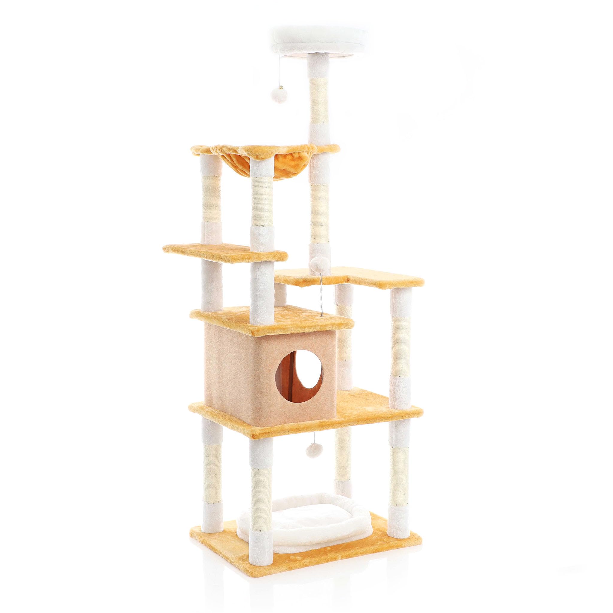 Fudajo Arbre à Chat Blanc/Brun 164cm Poste de grattage avec du sisal, Une Niche/Maison à Chats