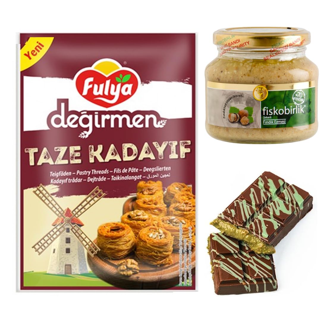 Fulya Kadaifi Pastry Threads Fresh Kadayif Turkish dessert to use famous dubai chocolate Kataifi 500 Gram by Hazelnut Paste 70% Hazelnuts 180 Gram [ Fresh Guarantee ]