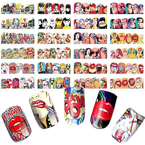 Towenm 12 Sheets Nail Art Stickers Water Transfer Nail Decals for Nail Art, Trendy Marvel Nail Wraps, Sexy Lip Pop Star Nail Decals, Manicure Nail Wraps, Red Kiss Lips Sexy Girl Pattern Nail Sticker Cover
