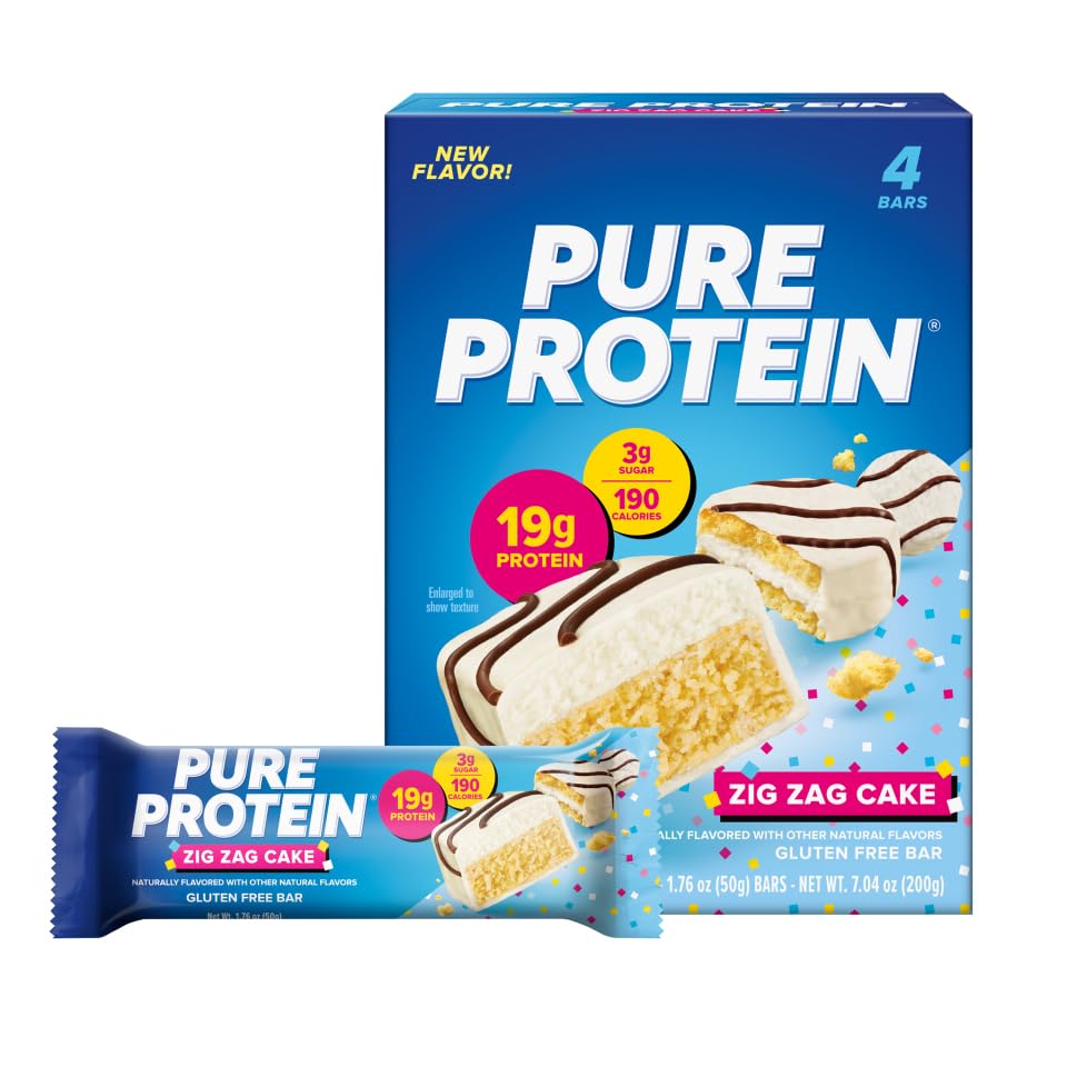 Pure Protein Zig Zag Cake Protein Bars – 19g Protein, 3g Sugar, 190 Calories (4 count) Low Sugar* High Protein Snack - Gluten Free - Perfect for a Healthy Snack.