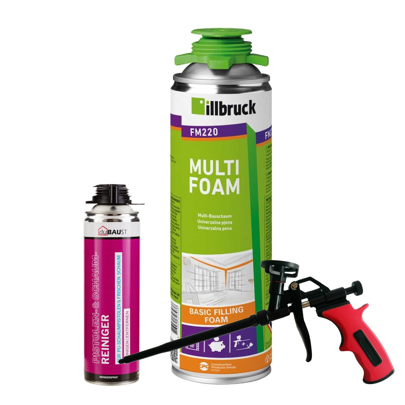 FM220 pianka budowlana, pianka montażowa, pianka do pistoletu, pianka okienna, wysoka izolacja akustyczna, izolacja cieplna, zestaw 500 ml (z środkiem czyszczącym AA290 + pistolet piankowy Business, 1