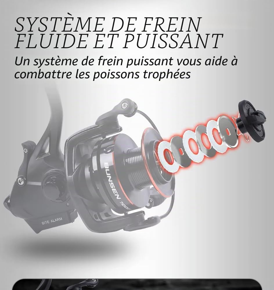 Moulinet de pêche avec alarme de touche, taille 6000, frein maximal de 10 kg, roulements 6+1BB, rapport de démultiplication 4,7:1