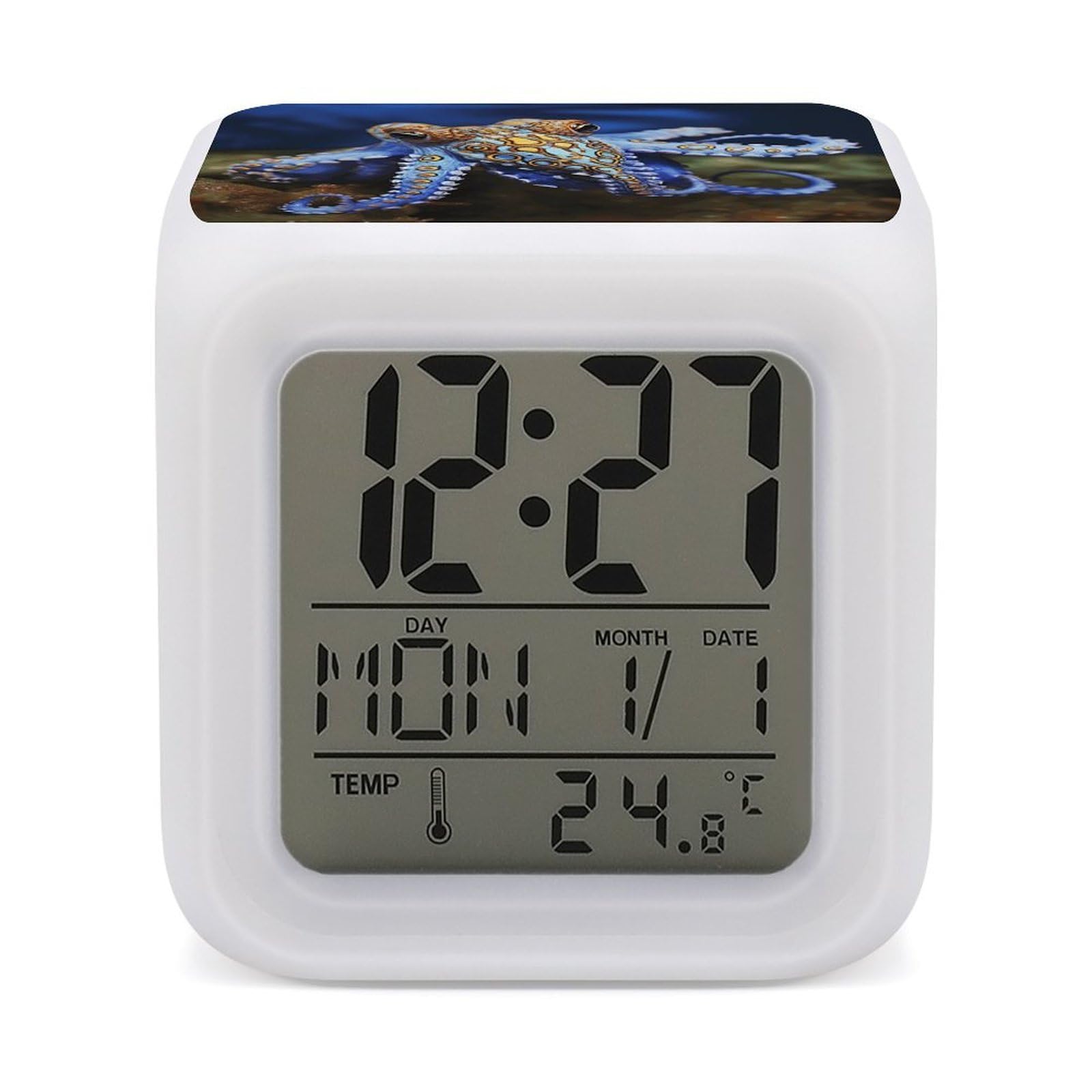 VstaDank Blue Ringed Octopus Digital Alarm Clock LED Display Screen Color Change Alarms Clock Smart Alarm Clock Wake Up Digital Clocks with 7 Color Nightlight for Bedroom