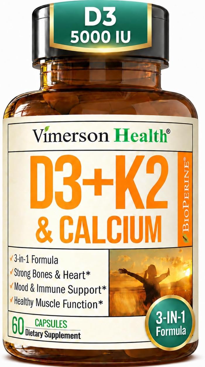 Vitamin D3, K2 Calcium Supplement with BioPerine for Immune & Bone Health - Vitamin D 5000 IU + Vitamin K2 as MK7 + Calcium. 4 in 1 Support: Strong Bones & Teeth Plus Joint & Heart Health. 60 Capsules