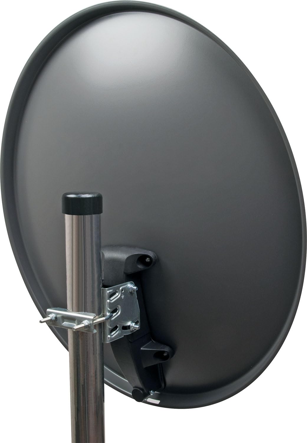Antena para televisión digital vía satélite Schwaiger 714166 (75 x 85 cm) con brazo de carga LNB y mástil, antracita, espejo de acero – para recepción de DVB-S/S2 en Full HD, 3D y 4K (Ultra HD)