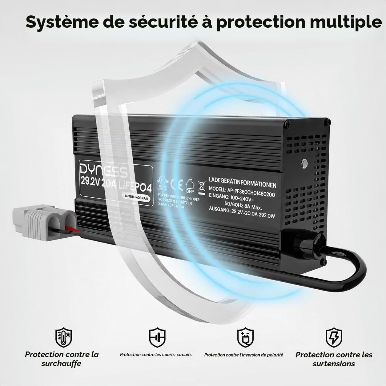 Chargeur de batterie LiFePO4 29,2 V 20 A - 3 niveaux - Automatique - Chargeur de batterie au lithium intelligent LiFePO4 - Convient pour batterie au lithium 24 V (25,6 V) avec protection complète