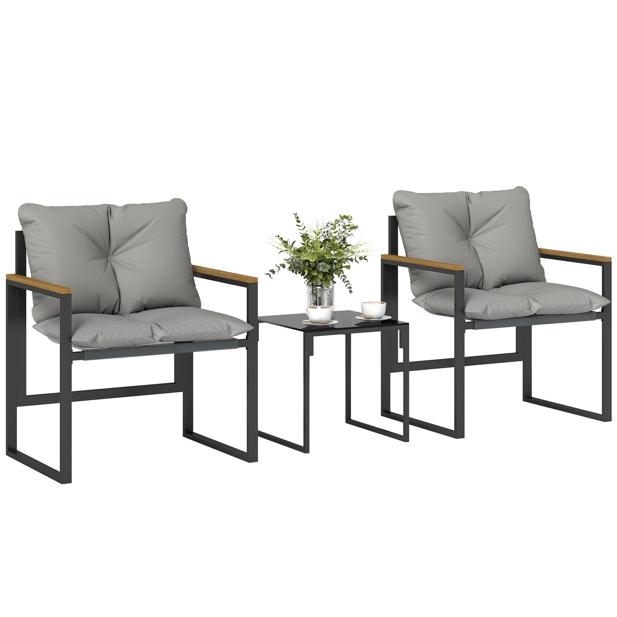 Outsunny Set da Bistrò da 3 Pezzi, Set da Giardino con 2 Sedie Texteline, Tavolo Vetro Temperato, Cuscini Spessi, Braccioli Decorativi, Set di Mobili da Giardino in Metallo, per Patio Balcone, Grigio