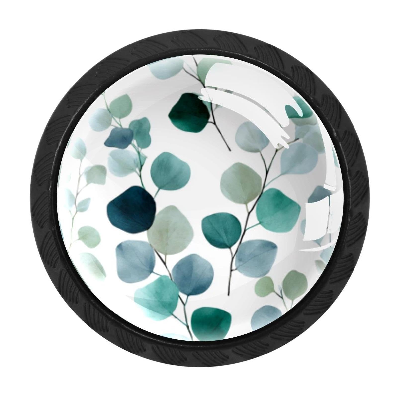 CHENZZZZ 4 Pack Round Cabinet Knobs for Kitchen Bathroom Closet Dresser Cabinets, Eucalyptus Selection Greenery Print (2)
