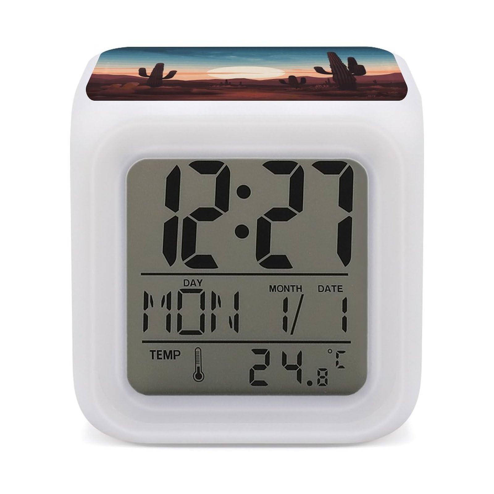 VstaDank Desert with Cactus Alarm Clocks with 7 Color Changing Night Light Exquisite Bedroom Digital Clocks with LED Temperature Display Desk Clock Ok to Wake Clocks for Heavy Sleeper