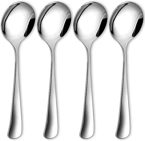 Juego de 4 cucharas de sopa de 7 pulgadas, cucharas de sopa de acero inoxidable, cucharas redondas para cena, cucharas plateadas, cucharadas para el