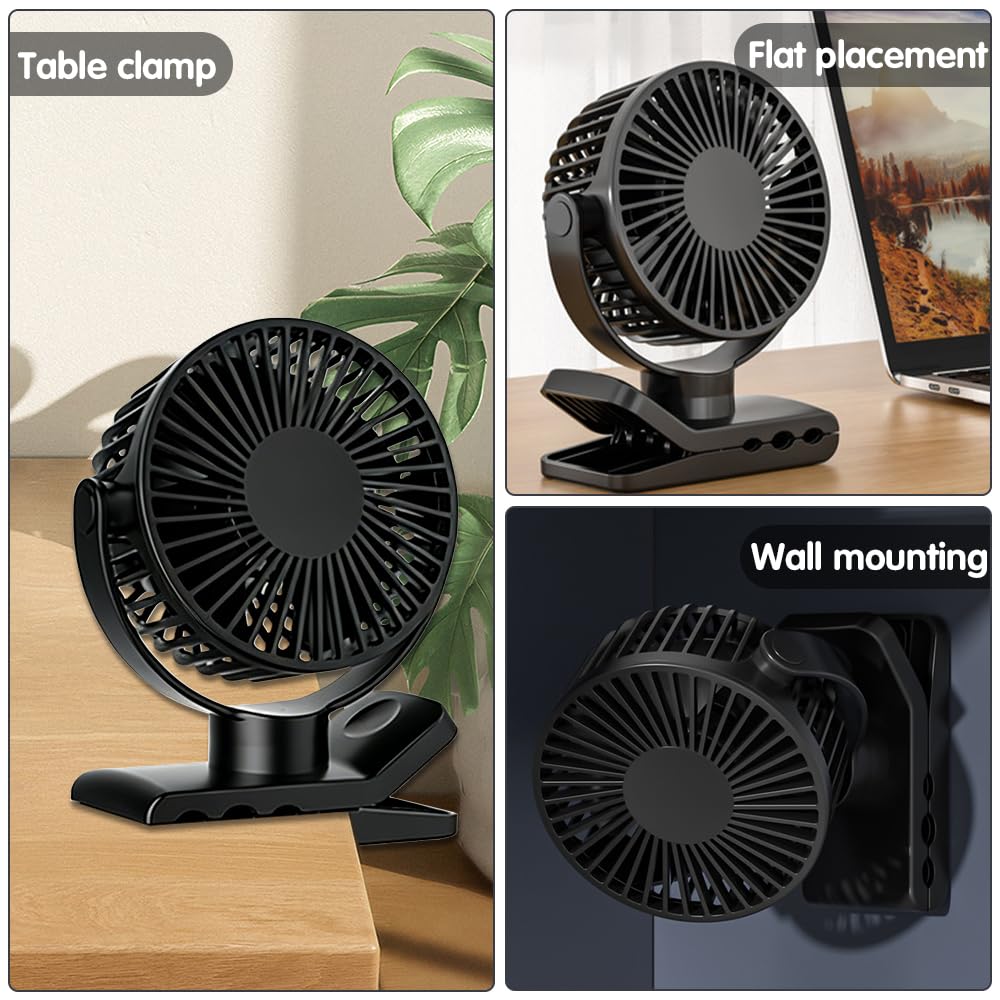 Ventilador de Mesa, 2000mAh Recargable Ventilador USB con Abrazadera Resistente, Ventilador Portátil de Clip con 5 Velocidades, Rotación de 720 Grados, para Oficina, Hogar, Acampar (Negro)