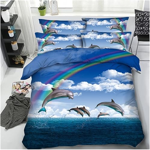Juego de cama de 3 piezas para niños, lindo juego de funda de edredón con estampado de delfines 3D, fundas de almohada para niños y niñas, juego de