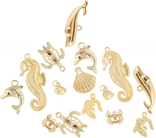 SUNNYCLUE 1 caja de 16 piezas de 8 estilos reales chapados en oro de 14 quilates, dijes de animales con temática de mar, tortuga, estrella de mar,