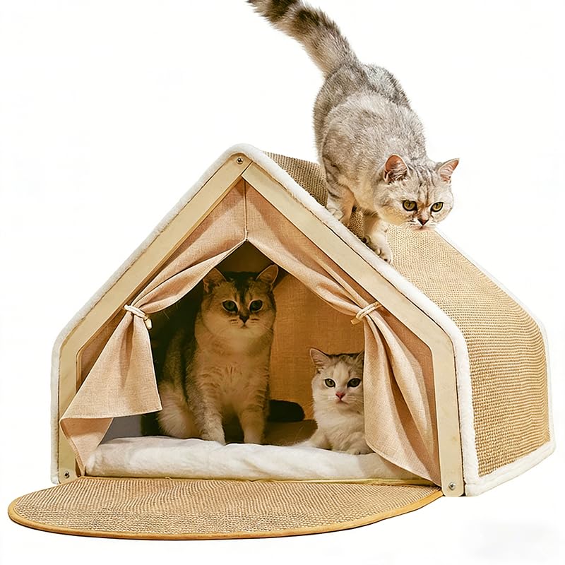 Maison pour chat avec planche à griffer en bois et sisal niche pour 2 chats