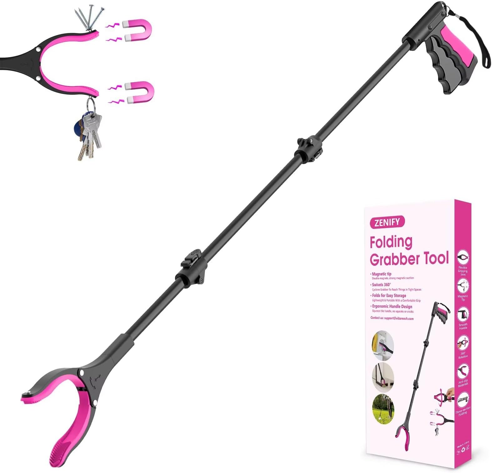 48-Inch Long Reach Grabber Pickup Tool - Pink Long Grabber Reacher Tool with 360° Rotating Jaw, Foldable Extended Trash Picker Upper for Seniors, Tall Users (Magnetic Tip, Anti-Slip)