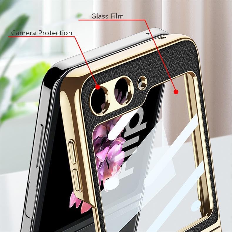 Folding Leather Case for Samsung Galaxy Z Flip 6/5, Mobile Phone Shell for Z Flip6/5 with Strap, Creative Women's Screen Protective Cover with Electroplating Ring Bracket (Black,for Flip 5)