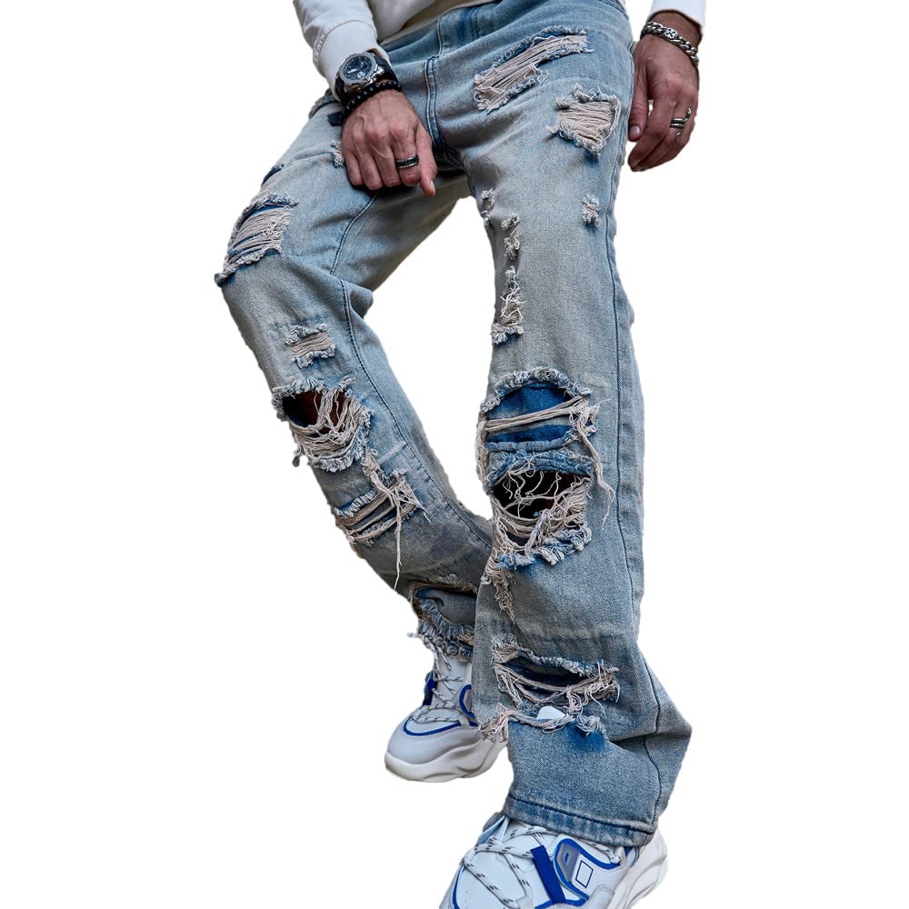 WEIBUMAOYI Pantaloni larghi da uomo Jeans da uomo vestibilità rilassata Jeans da uomo lavati Oversize gamba dritta da carpentiere Jean, Blueripped, 50