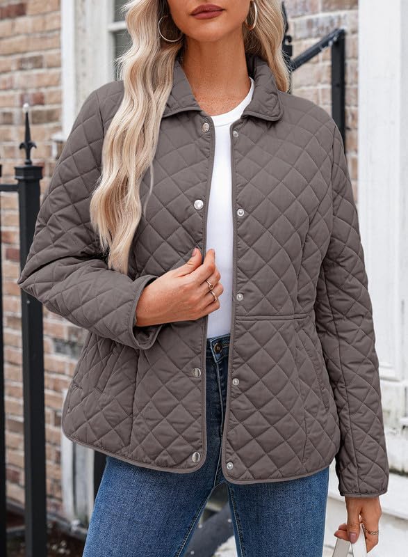 Dokotoo Women's Winter Quilted Jackets Long Sleeve Button Down Diamond Puffer Jacket Outerwear Coats with Pockets - Image 2