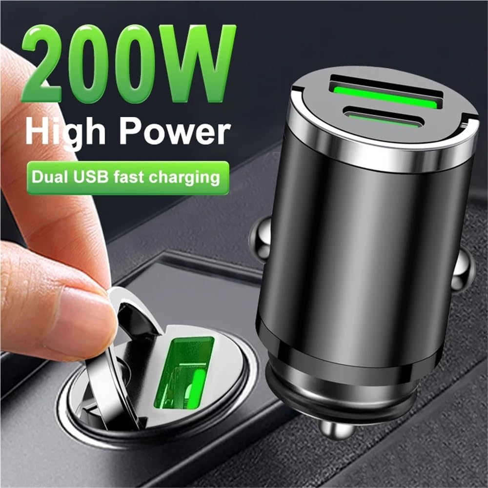 ładowarka samochodowa, Mini ładowarka 200 W do telefonu komórkowego PD USB typu C, pasująca Xiaomi, Samsunga i Huawei