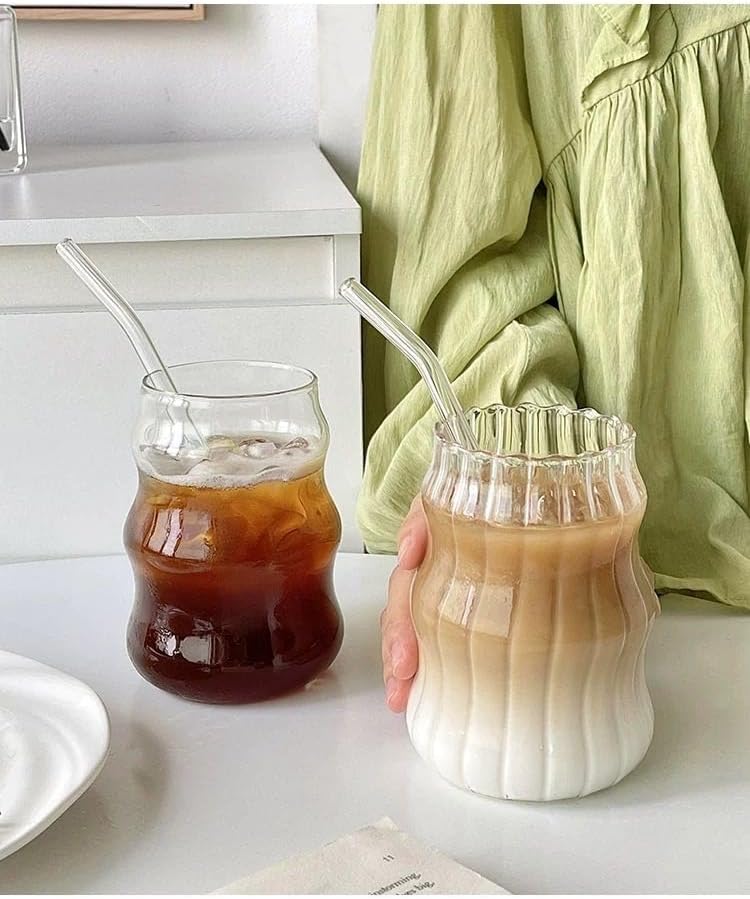 Mixed Drinkware Sets Glass Cups Set of 2 with Glass Straw, 18 Oz Drinking Glassware, Wave Shape Design, Bubble Cups for Iced Coffee, Juice, Beverage, Milk, Cocktails, Tea, Gift for Women Men - Image 7