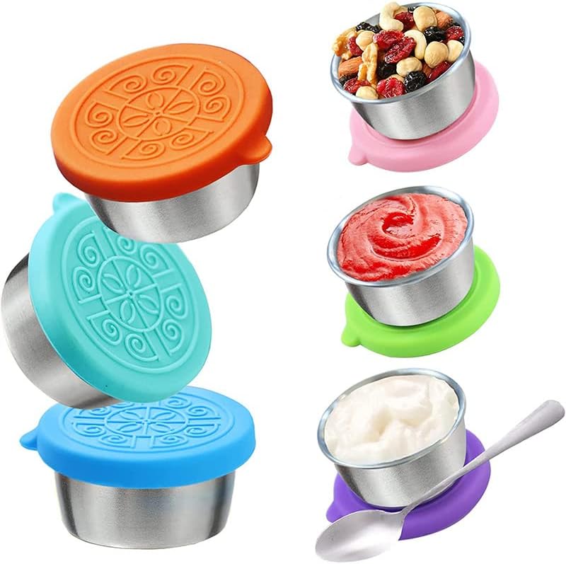 ALMEKAQUZ6 Pack Salad Dressing To Go Containers,small containers with lids, 1.35 oz Small Stainless Steel Sauce Cups With Leakproof Silicone Lids, for Lunch Bento Box, Work, School, Picnics